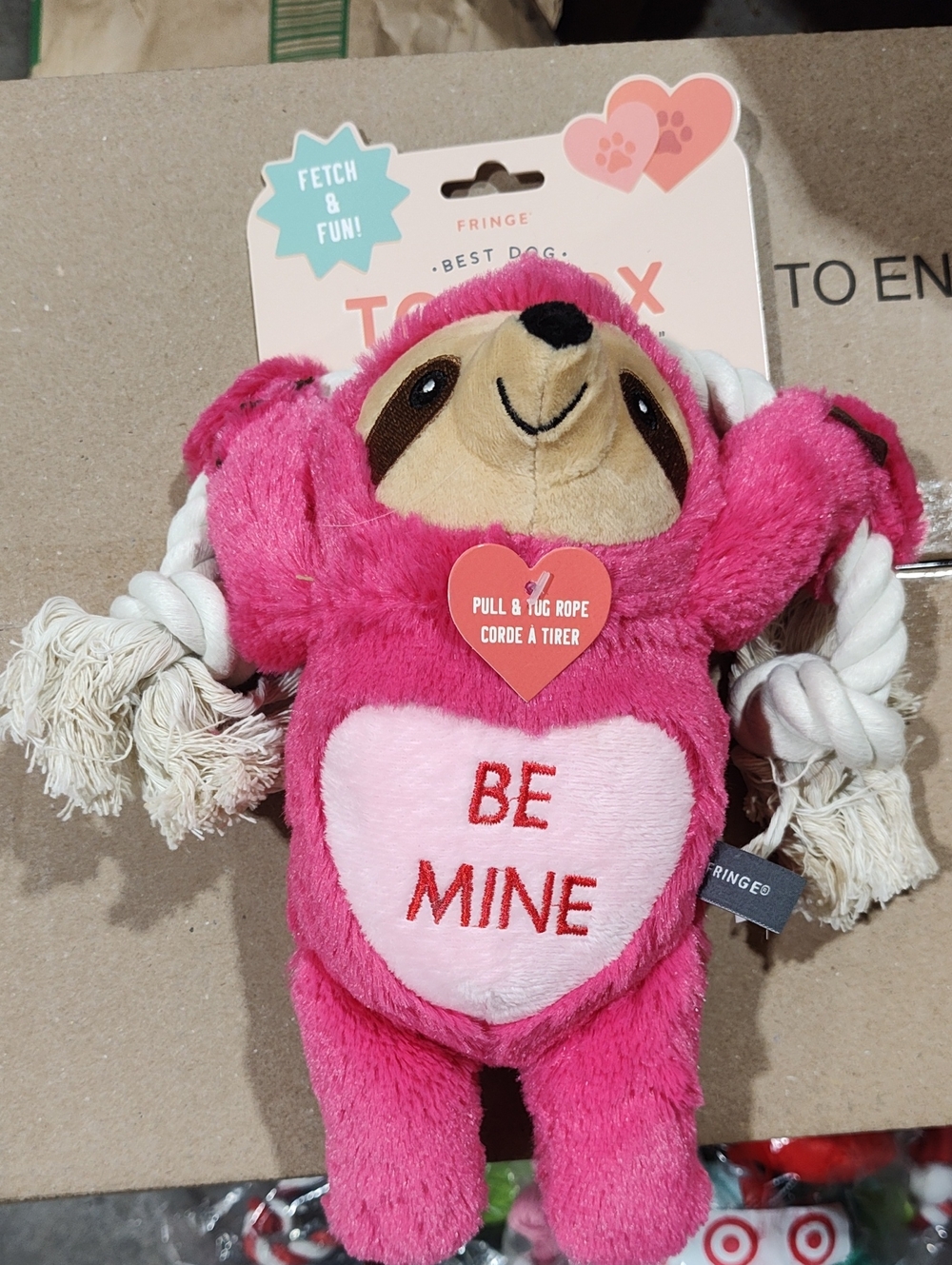 Fringe Studio Pink 'Be Mine' Plush Sloth Dog Toy with Tug Rope